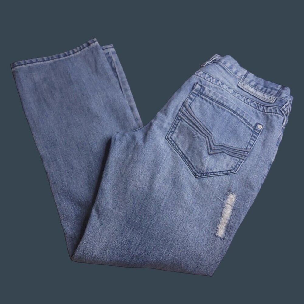 Guess Mens Calan Low Straight Leg Jeans 33 Light Wash Button Fly Distressed
